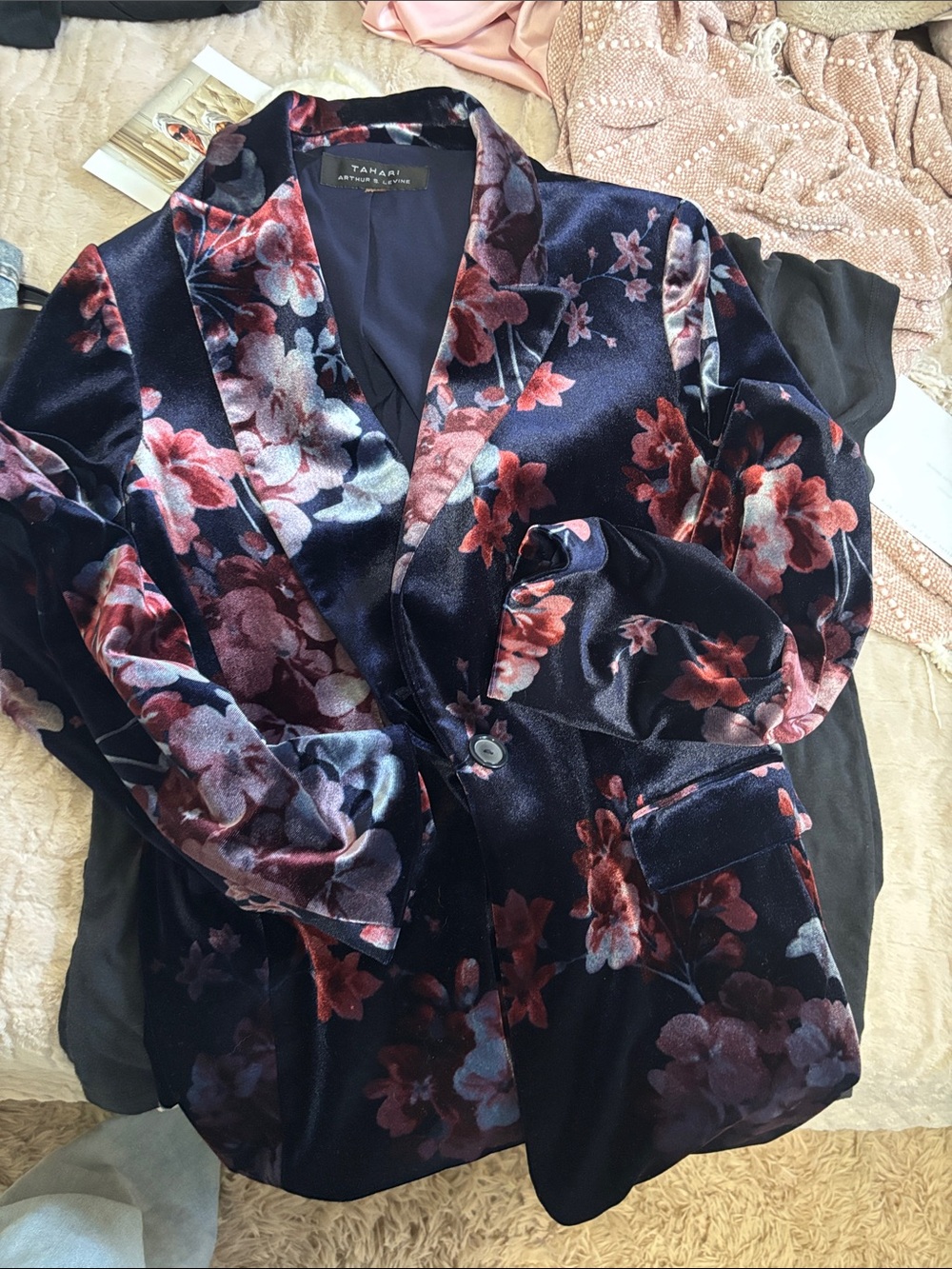 Tahari Navy Velvet Floral Blazer with Pink and Burgundy Flowers